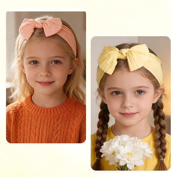 baotongle 3pcs Baby Girls Headbands Soft Stretchy Nylon Hair Bands Hair Accessories with Bows for Newborn Baby Girls Infant Toddlers Kids(Yellow,Pale Yellow,Orange Pink, 5.7inches)