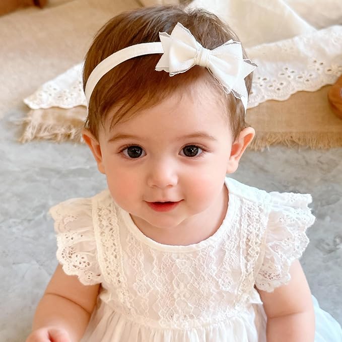 Baby Girls Headband White Bow Lace Headbands Soft Elastic Bowknot Hairbands Cute Hair Accessory for Newborn Kids Infant Toddler Baptism Birthday Party (Double Bow)