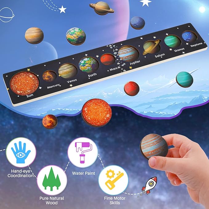 Zeoddler Solar System Puzzle for Kids 3-6, Wooden Space Toys, Planets for Kids, Preschool Learning Activities, Gift for Boys, Girls