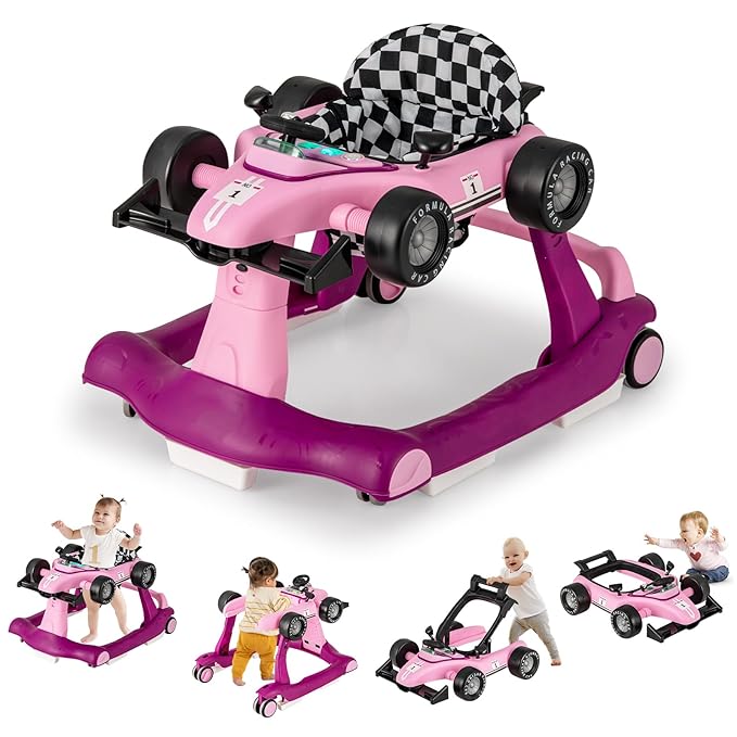 GLACER Foldable Baby Walker, 4-in-1 Infant Walker with Adjustable Height & Speed, Music, Light, Steering Wheel & Washable Cushion, Baby Walker Activity Center for Boys Girls 6 –18 Months (Purple)