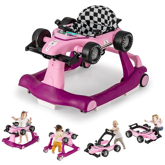 GLACER Foldable Baby Walker, 4-in-1 Infant Walker with Adjustable Height & Speed, Music, Light, Steering Wheel & Washable Cushion, Baby Walker Activity Center for Boys Girls 6 –18 Months (Purple)