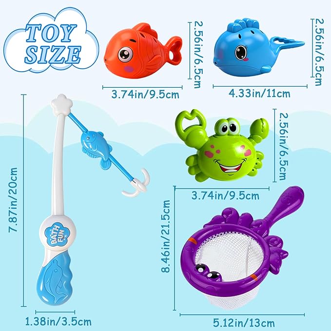 Baby Bath Toy for Toddlers, Fishing Game Bath Toy with 3 Floating Sea Animals, Fishing Pole & Fishing Net, Fun Bathtub Games for Kids Ages 18 Months+