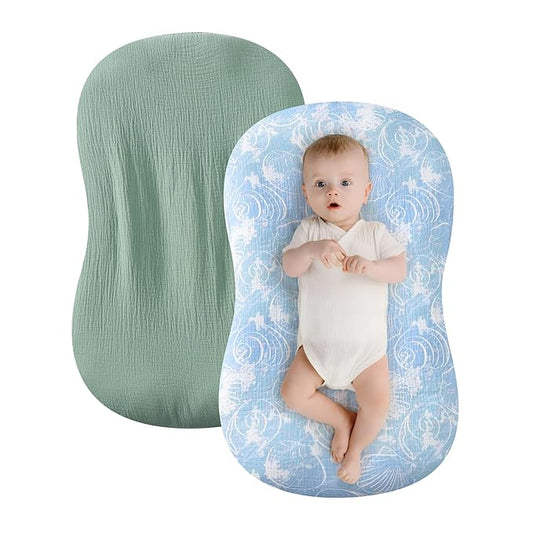 TADO MUSLIN Baby Lounger Cover 2 Pack, 100% Organic Cotton Muslin, Soft & Breathable Newborn Lounger Slipcover, Fits Most Infant Loungers, Machine Washable, Neutral & Cute Designs