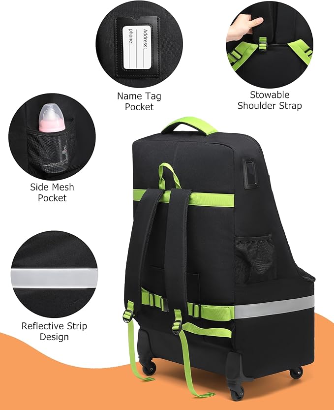 MCBD Car Seat Travel Bag for Airplane, Foldable Baby Carseat Backpack for Travel Padded Carseat Carrier for Airport Gate Check, Infant Stroller Cover with Reflective Strips
