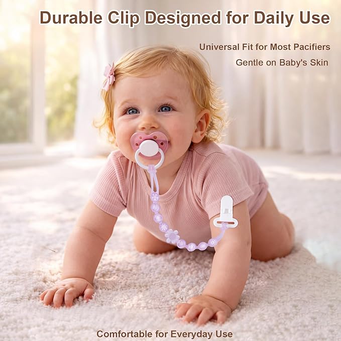 Silicone Pacifier Clip Holder with One-Piece Beads, 4 Packs Soft Flexible and Rust-Free Binky Pacifiers Clips for Teething Relief Baby Essentials Accessories, Safe for Boy and Girl