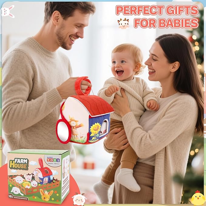 deAO Baby Toys Soft Barn Toy Plush Farm Animal Playset with Rattle, Crinkle Paper Mirror for Babies Sensory Toy for Newborn Infant Boy Girl Age 18+ Months Birthday Gifts