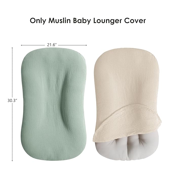 MairMore Muslin Baby Cover for Newborn, Soft and Breathable 100% Cotton Lounger Slipcover Neutral, Pack of 2(Green, Ivory)