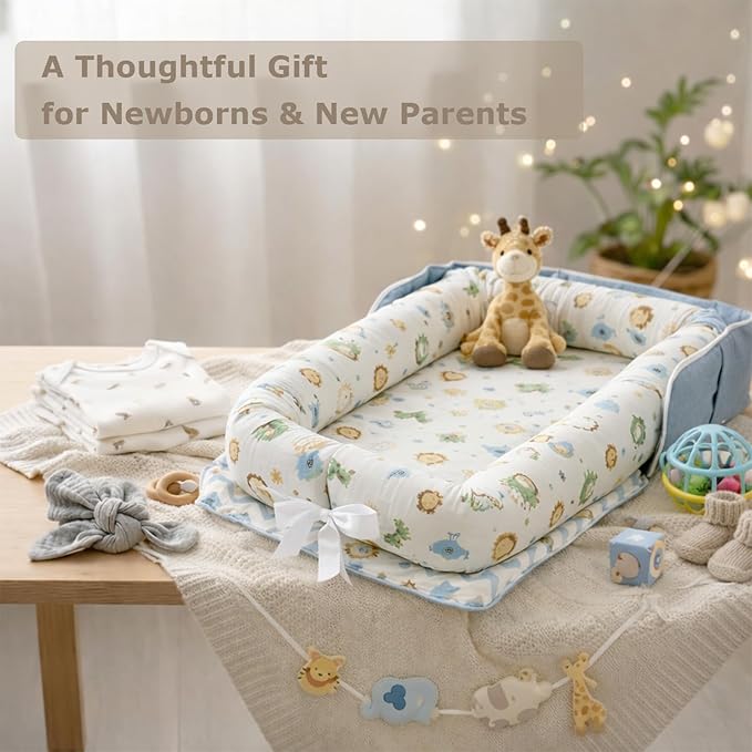 Baby Lounger for Newborn Portable Bag,Baby Nest Play Gym mat with Strap,Newborn Lounger Adjustable Size & Inner Zipper Lengthen Space to 24 Months,Animal World Blue