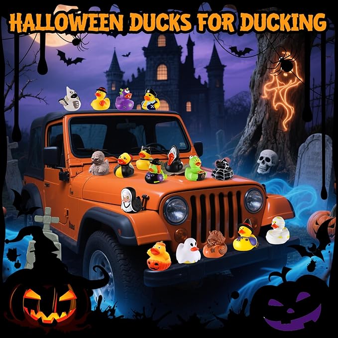 24 PCS Halloween Rubber Ducks with Bag, Bulk Halloween Ducks Toys for Jeeps Ducking Party Favors Goodie Bag Stuffers, Horror Ducks for Halloween Treats Non Candy Prizes Bath Toys Gifts for Kids