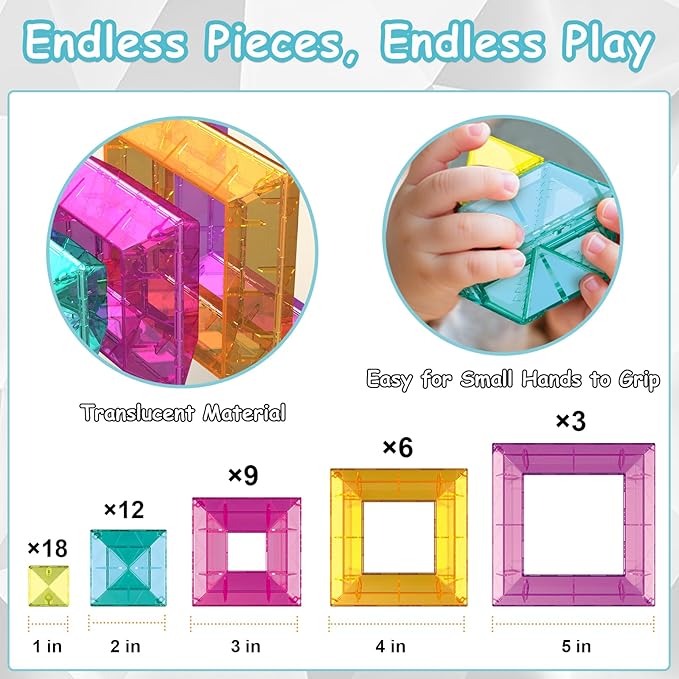 48 PCS Building Blocks Set for Kids, Pyramid Stacking Blocks with Storage Bag - STEM Preschool Learning Stacking Toys, Light Table Compatible Translucent Sensory Blocks for Toddlers Ages 3 4 5 6