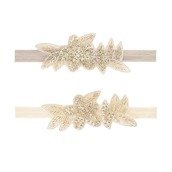 Nishine Girls White Rhinestone Flower Headband Pack Baby Christening Baptism Headband for Baby Shower Wedding Hair Accessories (Leaf Flower-Gray/Ivory)