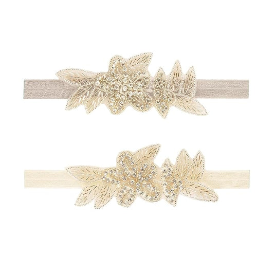 Nishine Girls White Rhinestone Flower Headband Pack Baby Christening Baptism Headband for Baby Shower Wedding Hair Accessories (Leaf Flower-Gray/Ivory)