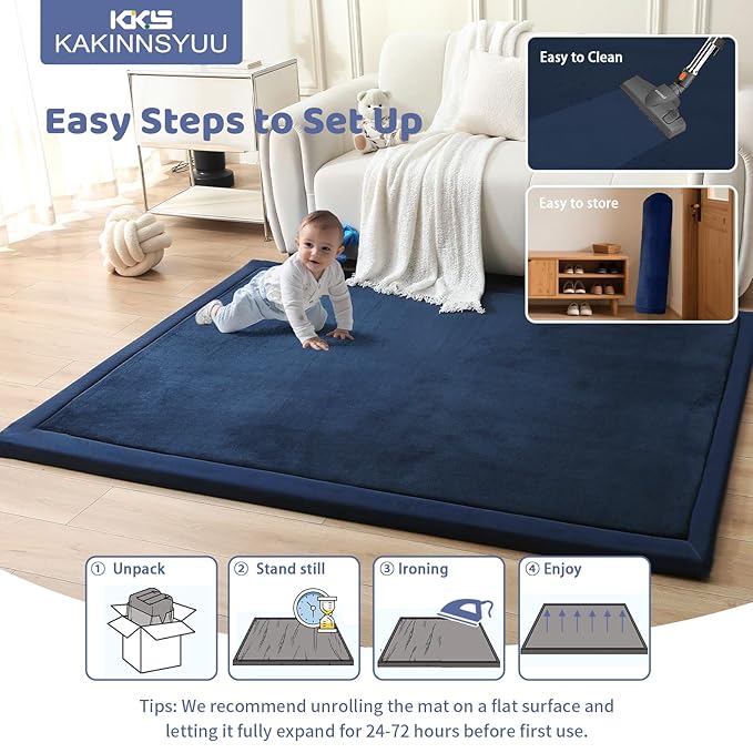 2-Inch Extra Thick Nursery Rug, 79"x71" Large Kids Play Mat for Floor with Ultra Soft Water-Resistant Flannel Cover & Non-Slip Base, Ideal for Baby Room, Playroom, Navy Blue