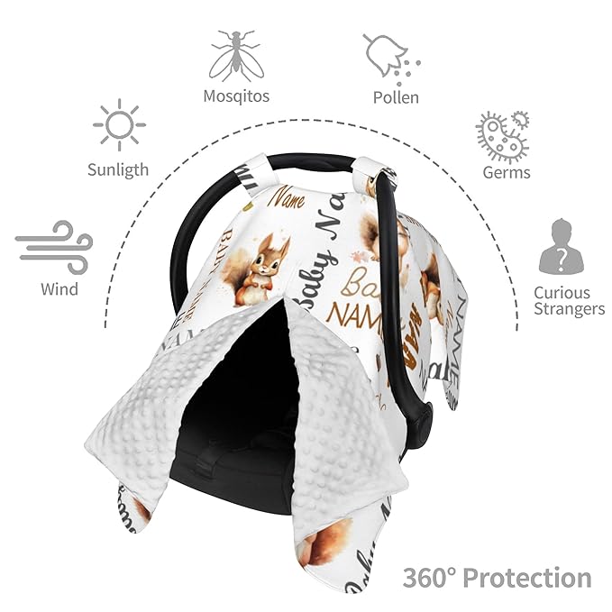 Personalized Winter Baby Car Seat Cover with Name Squirrel Winter Car Seat Cover for Baby Seat or Stroller Custom Infant Car Seat Covers Minky Blankets Nursing Cover Breastfeeding Scarf
