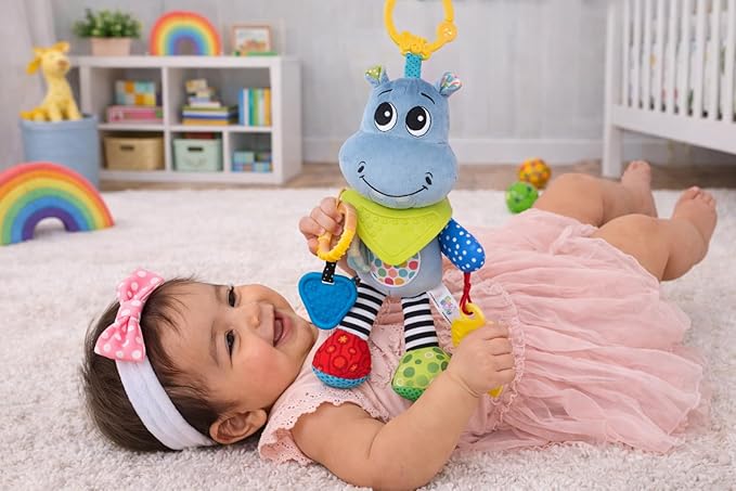Balibazoo Hippo Hanging Baby Activity Toy – Soft Plush Sensory Toy with 4 BPA-Free Silicone Teethers, Crinkle Ears & Hidden Bell | Clip for Stroller and Car Seat | Developmental Toy 0-24M | Gift