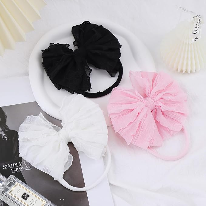 Baby Girls Headbands Bows Newborn Lace Hair Bow Hair Accessories for Infant Baby Girls Headband Toddler Black White Light Pink 3Pcs