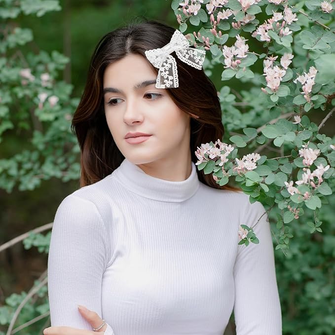 2 Pcs 3" Small White Lace Hair Bow Clips with Long Tail Ribbon Bow Alligator Barrettes Pin, Alligator Clips Hair Accessories, Handmade Hair Accessories for Girls Toddler Kids Children Teens, White