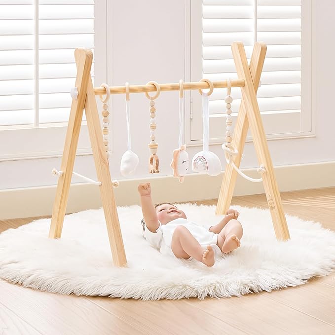 Foldable Wooden Baby Play Gym, Activity Center with 6 Sensory Hanging Toys Natural Wood Montessori Toys for Babies Indoor Gym, No-Tool Assembly Newborn for Infant Motor Development