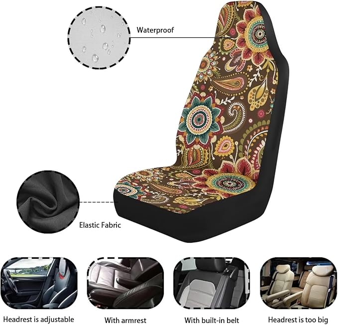 Boho Flower Car Front Seat Cover, Women's Auto Car Seat Covers Protector Universal Car Interior Accessories Automobile Seat Cover for Most Cars Truck Van SUV, 2 Pack