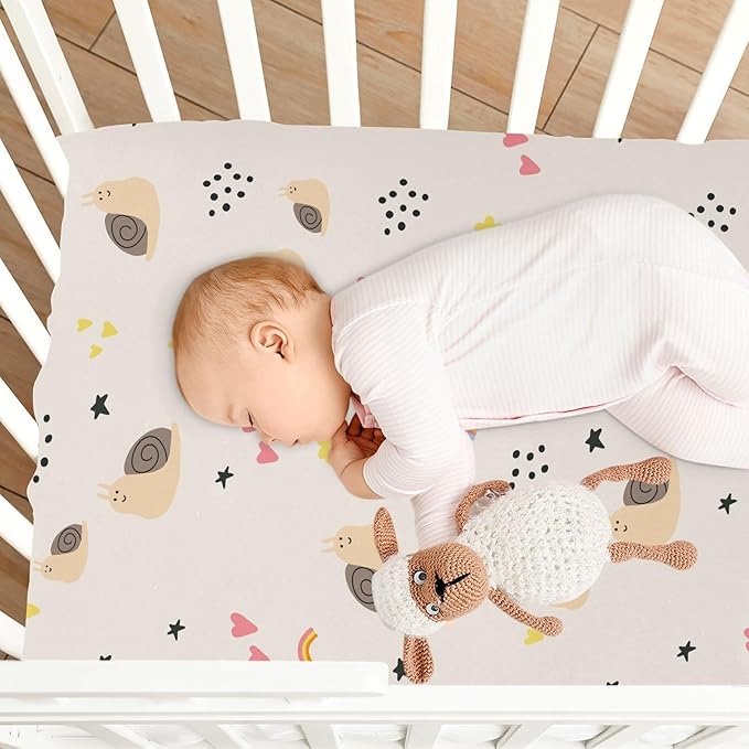Cute Snail Fitted Crib Sheets Stretchy Portable Playard Sheets for Baby Toddler, Breathable Soft Mini Crib Mattress 52 x 28 in for Boys and Girls