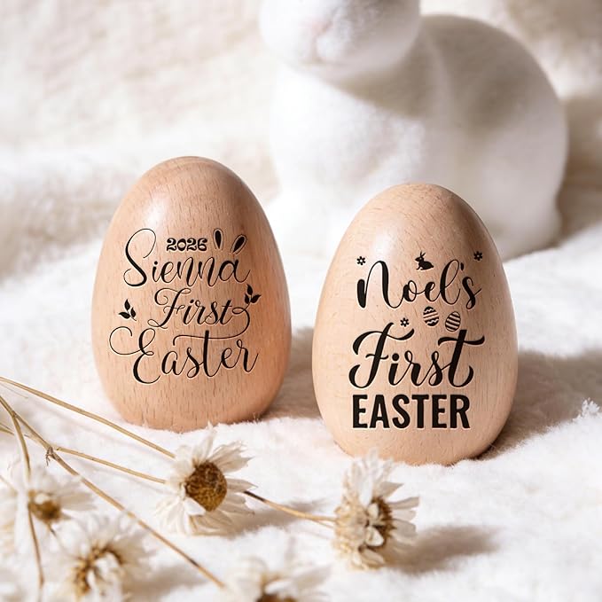 Custom Musical Easter Egg Shaker with Engraved Name, First Easter Gifts for Baby 2026, Wooden Easter Egg Basket Stuffers for Kids, Fake Eggs for Egg Hunt Prize Decor Party Baptism Gift
