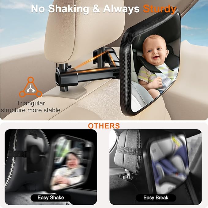 Baby Car Mirror, Rear Facing Car Seat Mirror for Infant Newborn with Hook Clip Design, Non-Shaking Wide Crystal View Shatterproof Crash Tested Adjustable
