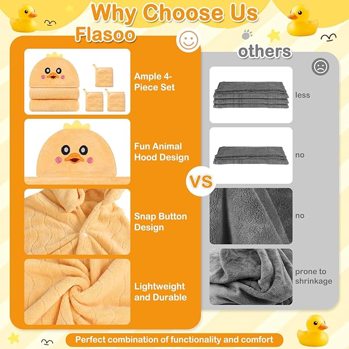 Flasoo 4 Pcs Toddler Bath Towel Set, 1 Pc Toddler Hooded Towel & 3 Pcs Baby Washcloths, Large 27.5"X55" Hooded Towels Kids, Absorbent Soft Thick Toddler Towels for Boy Girl 0-5 Year (Yellow Duck)