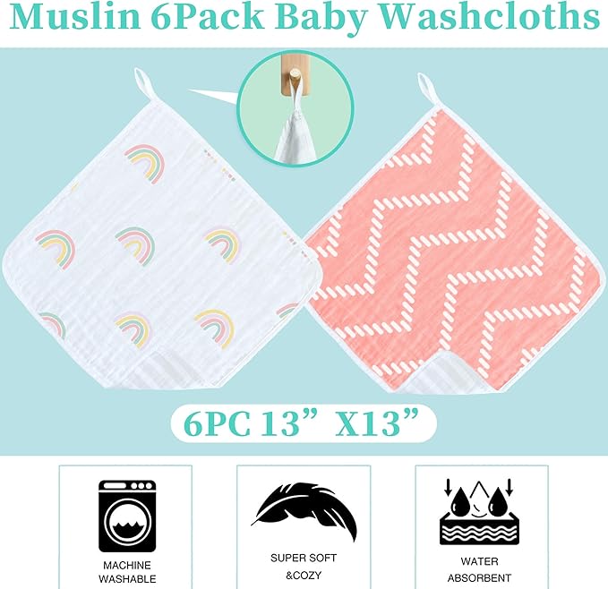 VOOVA & MOVAS 6 Pack 100% Muslin Cotton Baby Washcloths with Handing Loop | 13x13 Inches | Highly Absorbent | Ultra-Soft Newborn Burp Cloths | Perfect Set |Pink Geometry & Rainbow Patten