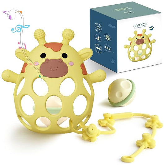 Giraffe Baby Teether with Pacifier Clip - 3 in 1 Teething Toy, Rattle & Clip Set, Food Grade Silicone BPA Free, Baby Teething Toys 3-6 Months, Baby Toys 6-12 Months