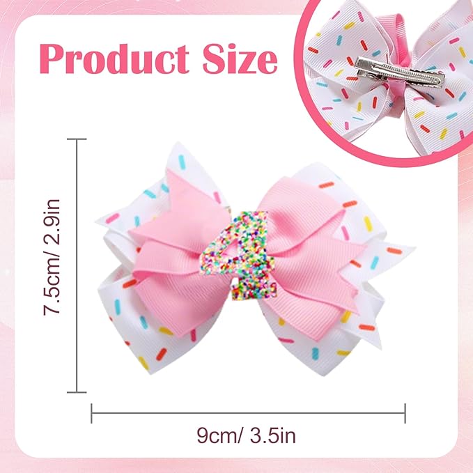 2 Pack 4th Birthday Hair Bow for Girls, Pink Hair Clips Hair Accessories for Girls 1 2 3 4 5 6 Years Birthday Confetti Ice Cream Party Supplies Decorations