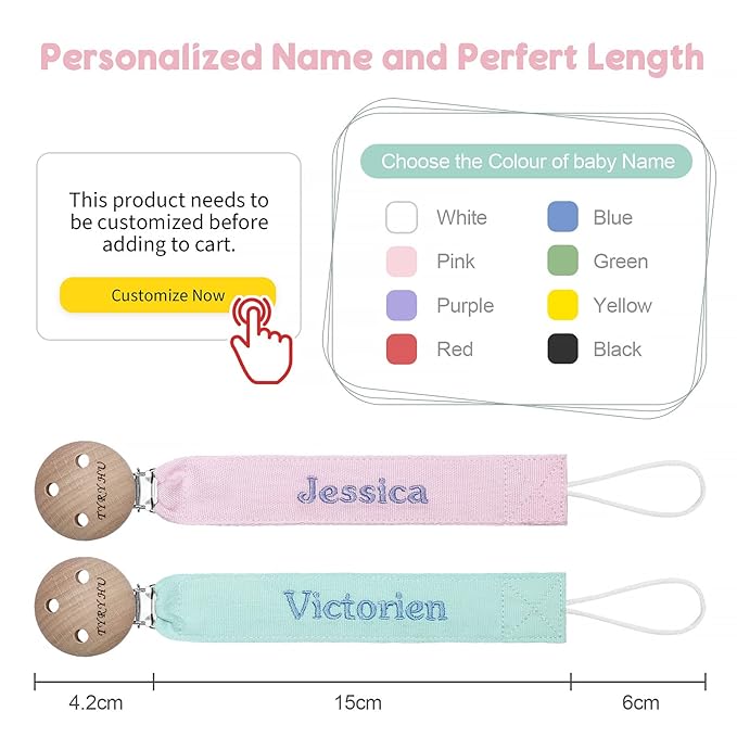 Personalized Pacifier Clip with Name, Customized Soft Webbing Binky Holder for Boys and Girls, Neutral Pacifier Holder Universally Fit All Pacifiers Style, 2 Pack(Pink, Green)