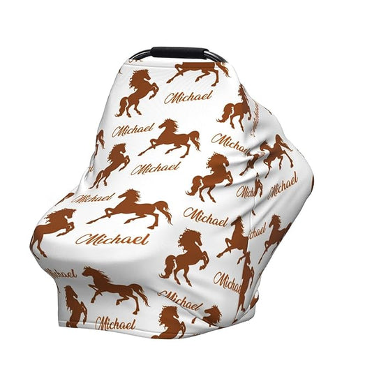 Personalized Baby Car Seat Cover for Boys Girls, Custom Horse Nursing Covers for Breastfeeding with Name, Infant Stroller Cover, Baby Carseat Canopy for Newborn, Multiuse Car Seat Canopies