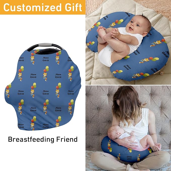 Personalised Car Seat Cover for Babies - Multi-use Carseat Canopy Cover with Name, Dark Blue Fox Print Car Seat Covers, Christmas Birthday Gifts for Infant Boys and Girls(27"x29")