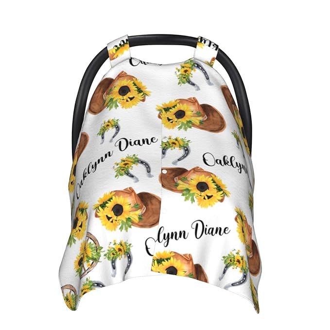 Personalized Baby Car Seat Canopy for Baby Girls, Custom Name Sunflower Cowgirl Baby Car Seat Covers for Babies, Opening Minky Nursing Breastfeeding Cover for Infant, Carseat Canopies for Newborn
