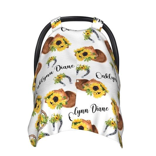 Personalized Baby Car Seat Canopy for Baby Girls, Custom Name Sunflower Cowgirl Baby Car Seat Covers for Babies, Opening Minky Nursing Breastfeeding Cover for Infant, Carseat Canopies for Newborn