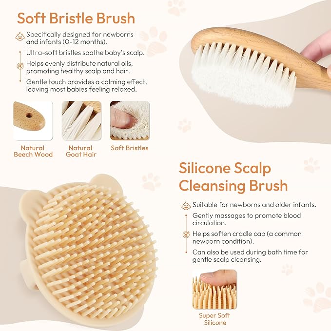 Baby Brush and Comb Set - 4 Piece Wooden Soft Bristle Hairbrush for Newborns, Baby Brush for Cradle Cap - Essentials Care Kit - Baby Shower Gift for Boys & Girls