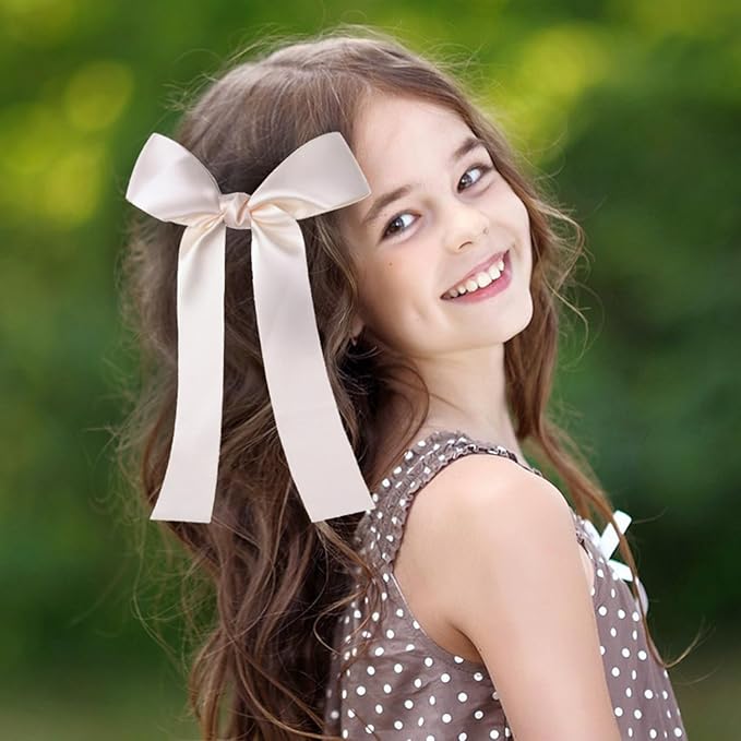 2-Pack Long Satin Ribbon Hair Bows for Girls – Elegant Silk Hair Clips for Toddlers, Infants, Teens & Kids - Ivory