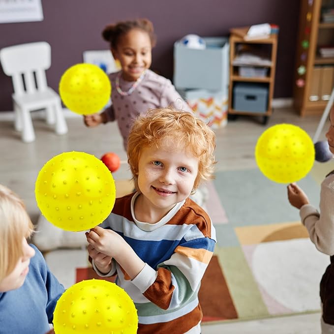 12PCS Bouncy Balls for Kids Toddlers, 7 Inch Sensory Balls Spiky Massage Stress Ball Bulk with Air Pump, Indoor Outdoor Sports Sensory Toys & Party Favors (Yellow)