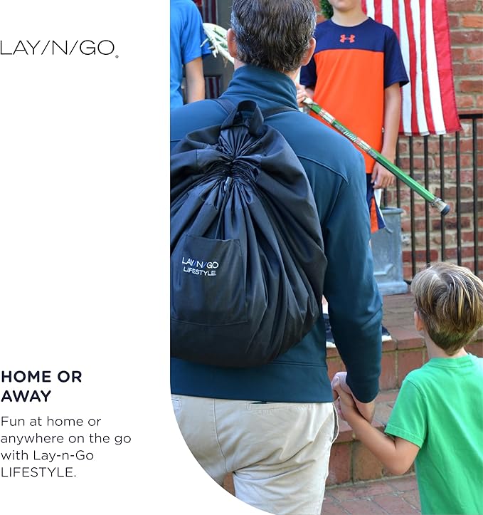 Lay-n-Go Layflat Portable Drawstring Cinch Storage Toy & Mini Figures Organizer & Play Mat, Mesh Pockets, Home & Travel, Kids & Toddlers Playdates, 2 Straps for Backpack, Durable, Machine Washable