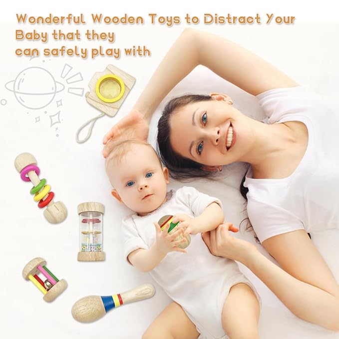 Wooden Baby Rattle, Organic Colorful Baby Rattles Set, Toddler Hand Wooden Rattles Toy Set for Infant Grasping, Sensory Development, Gift for Baby Boys Girls