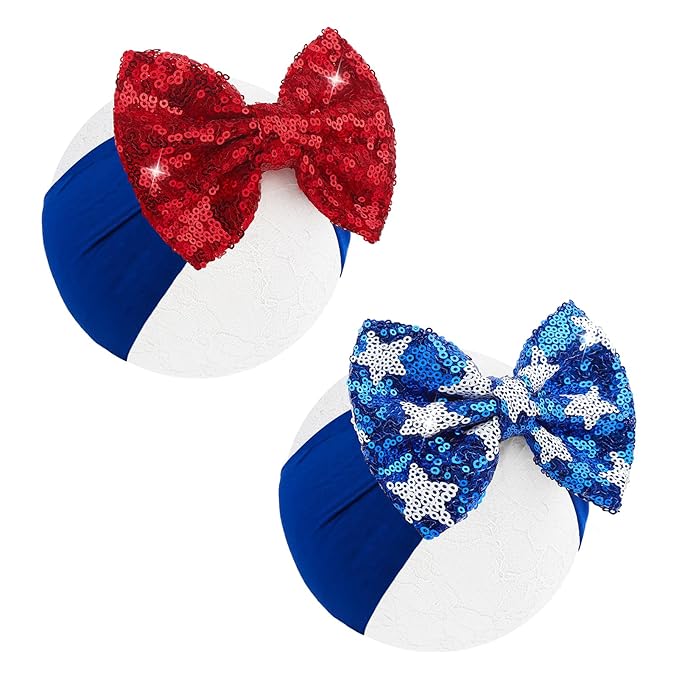 4th of July Red Blue Headband Sequin Bows Glitter Hair Bow for Girls Toddler Patriotic Star Headband Accessories Infant