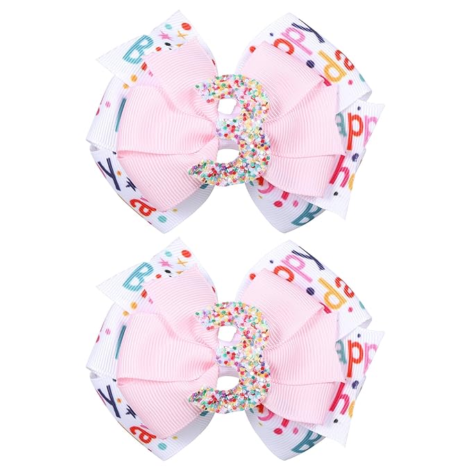 2pc Glitter 3rd Birthday Party Gift Hair Bows 3.5" Cute Sparkly Happy Birthday Ribbon Hair Clips Sprinkle Confetti Bow Hair Barrettes Dress Decor Accessory for Teens Toddler Girls Kids
