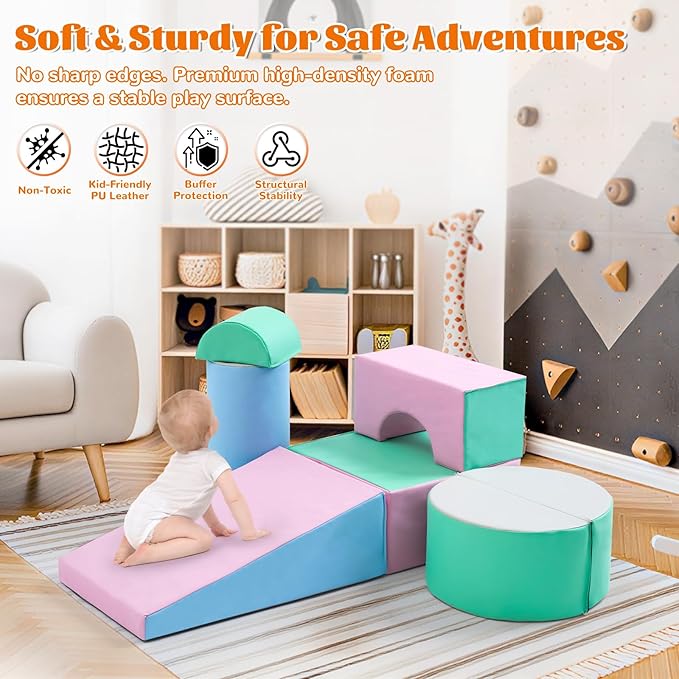 Toddler Climbing Toys Indoor, 5-Piece Foam Baby Climbing Blocks, Soft Play Climbing Set for 1-3 Years Old, Modular Crawling & Sliding Equipment, Waterproof Easy to Clean (Pink)