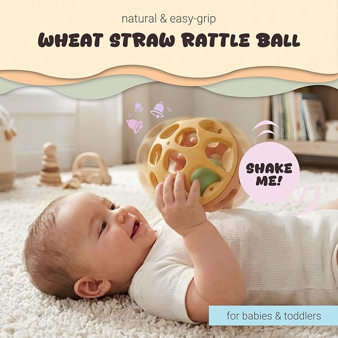 Baby Toys 6-12 Months, Wheat Straw Rattle Ball Teething Toys for Babies 0-6 Months, Christmas Gifts Stocking Stuffers for Boys & Girls 1 Year Old, Sensory Development Infant Toys