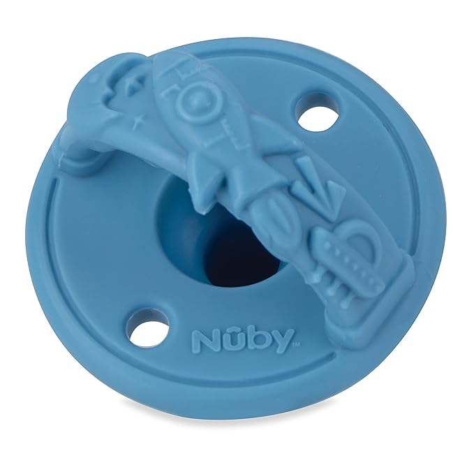 Nuby 3-D Sili Soother Pacifiers with Soft Handle and Two Safety Air Holes, 2 Pack, 0+ Months, Blue Spaceship and Gray Mustache