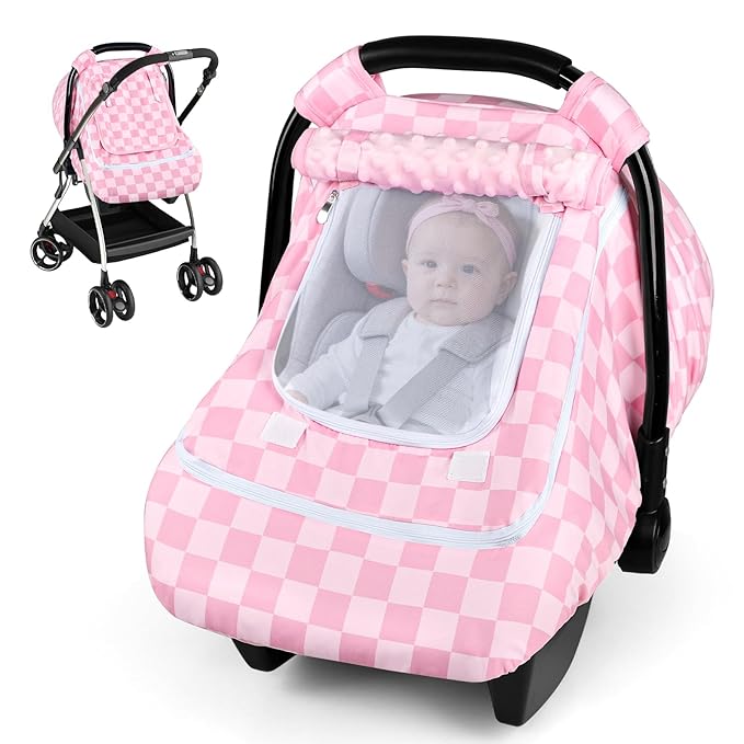 Baby Car Seat Cover with Mesh Window, Windproof Carseat Cover for Infant Girls, Infant Carseat Canopy with with Dual Zipper, Compatible with Most Baby Car Seat, Pink Checkered