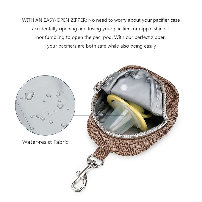 MOMIGO Pacifier Case Bag - Pacifier Holder with Clip for Diaper Bag Stroller Purse Charm, Holds 2 Pacifiers Outdoor Travel (Brown)