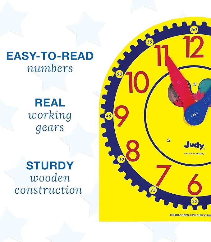 Carson Dellosa 13" x 12" Judy Clock, Learn to Tell Time with Color Coded Clock Hands, Analog Time Telling for Kids, Hands-On Learning Education Classroom and Homeschool Supplies
