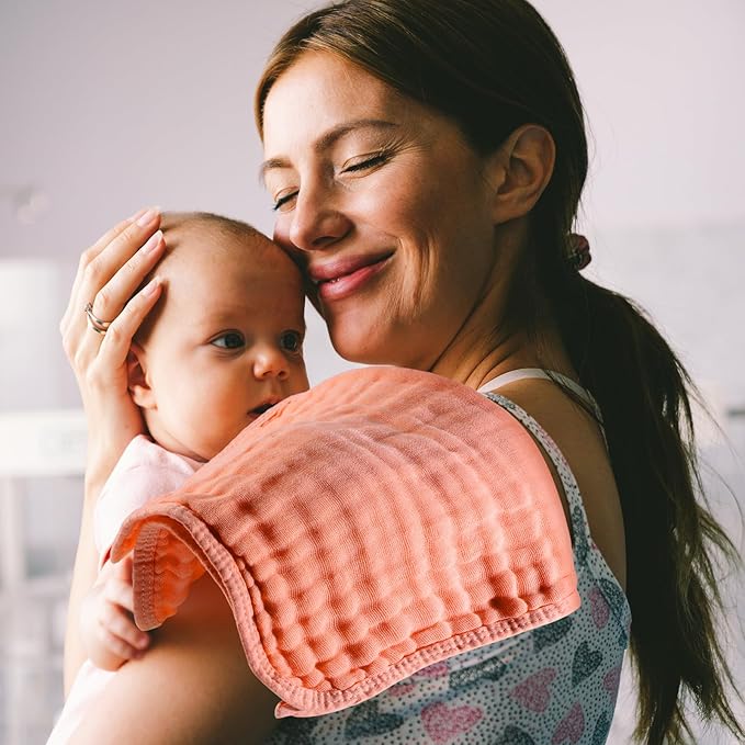 VitalCozy 6 Pcs Baby Muslin Hooded Bath Towels and Washcloths, Muslin Hooded Baby Towels Absorbent Blankets for Gift Newborn Infant Shower (Pink,Orange)