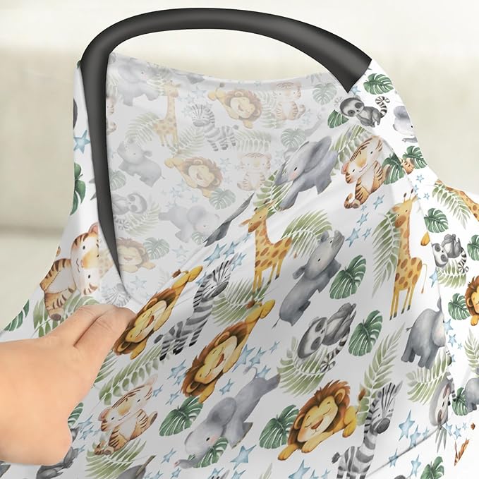 Jungle Friends Baby Car Seat Covers Safari Lion Giraffe Elephant Tropical Leaves Stretchy 5-in-1 Cover Adjustable Infant Carseat Cover Canopy Watercolor African Animals Breathable Nursing Cover-Up